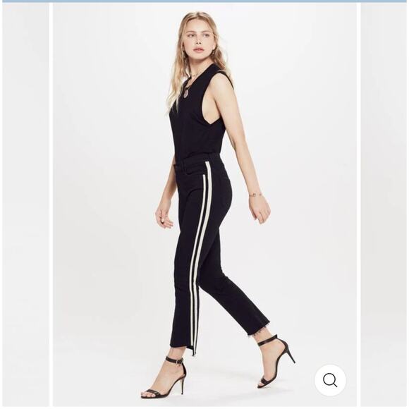 MOTHER Jeans Black Insider Cropped Step-Hem Fray Guilty Racer Striped Women's 28 - Picture 1 of 13